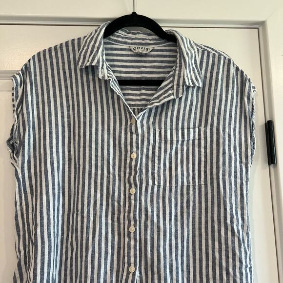 Orvis Women's Linen Button Down Shortsleeve Top Blue White Stripes Size S - Picture 2 of 9